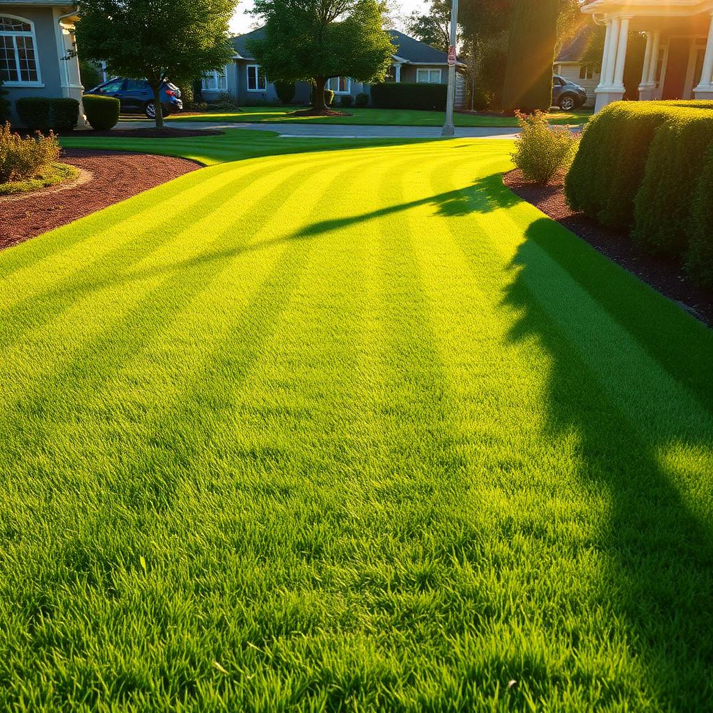 Freshly striped Kansas lawn at golden hour